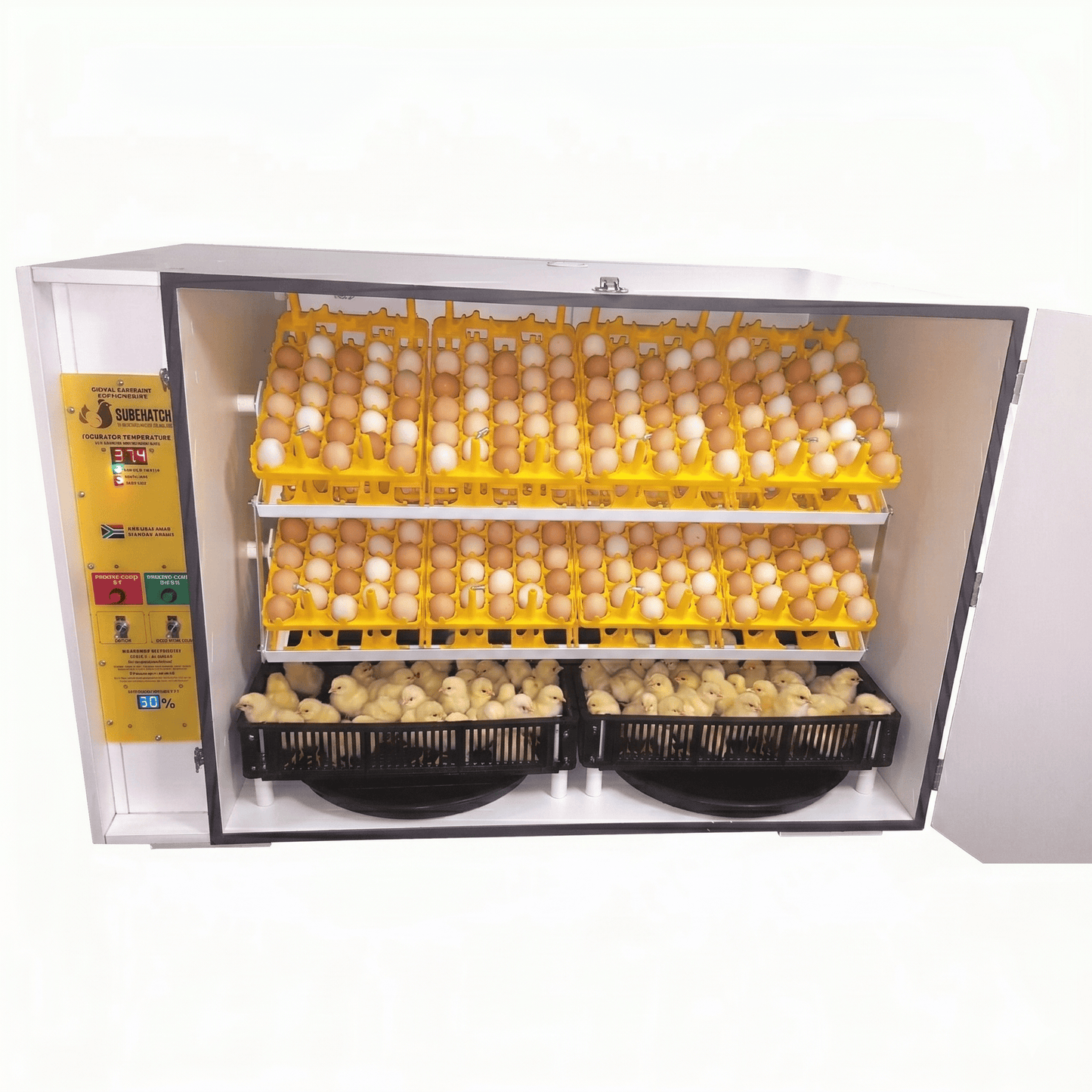 Egg incubator with trays of eggs on a white background