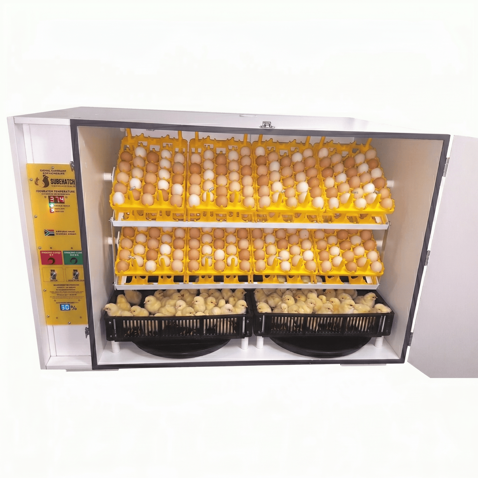 Egg incubator with trays of eggs on a white background