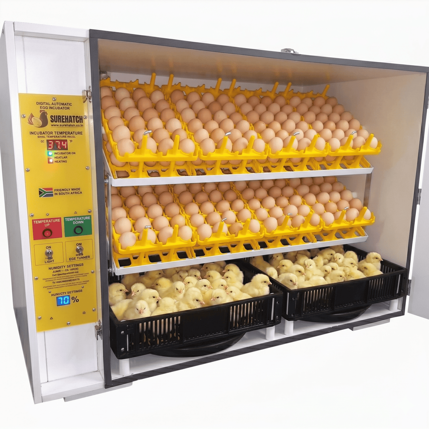 Egg incubator with shelves of eggs and baskets of chicks, featuring a Sure Hatch branded panel.