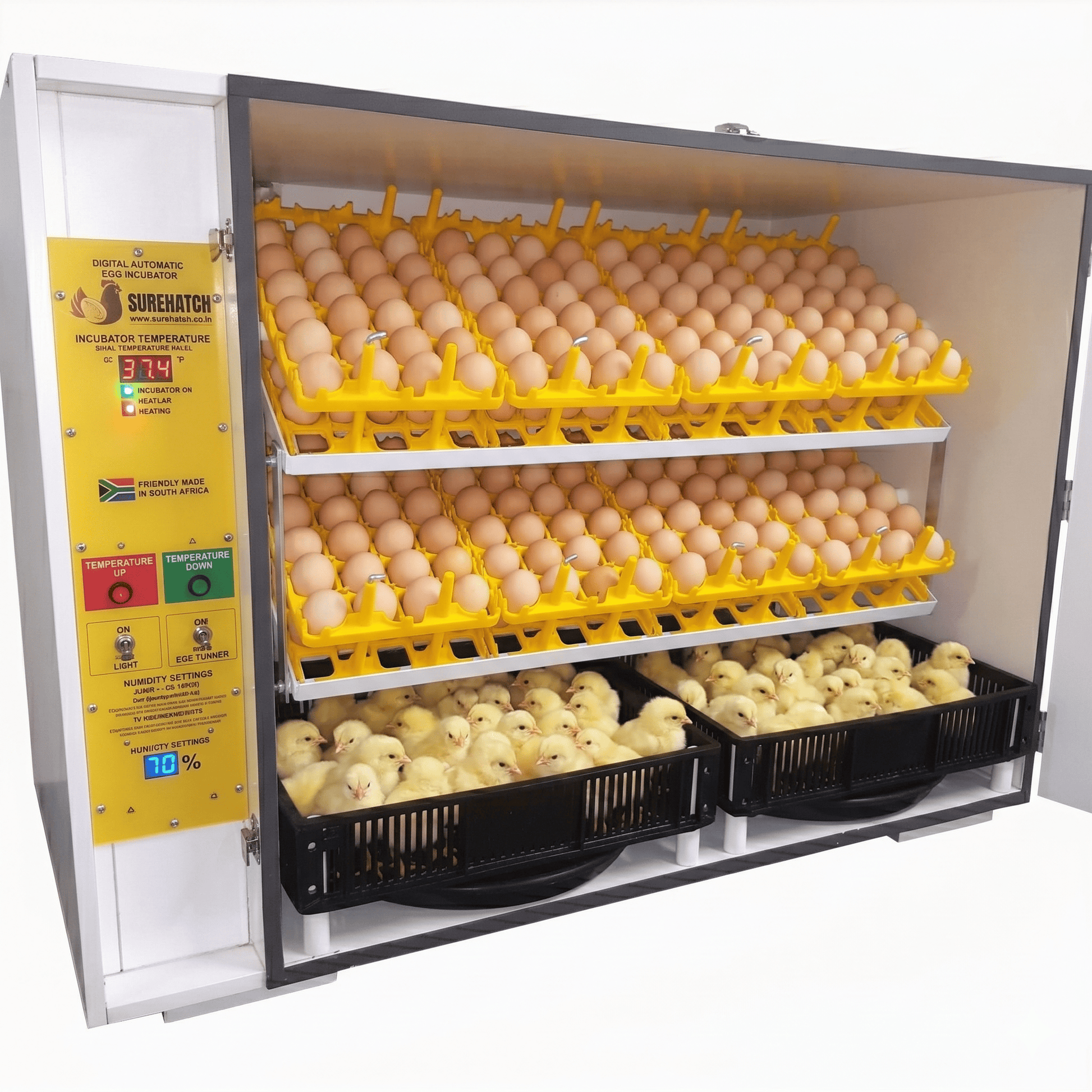 Egg incubator with shelves of eggs and baskets of chicks, featuring a Sure Hatch branded panel.